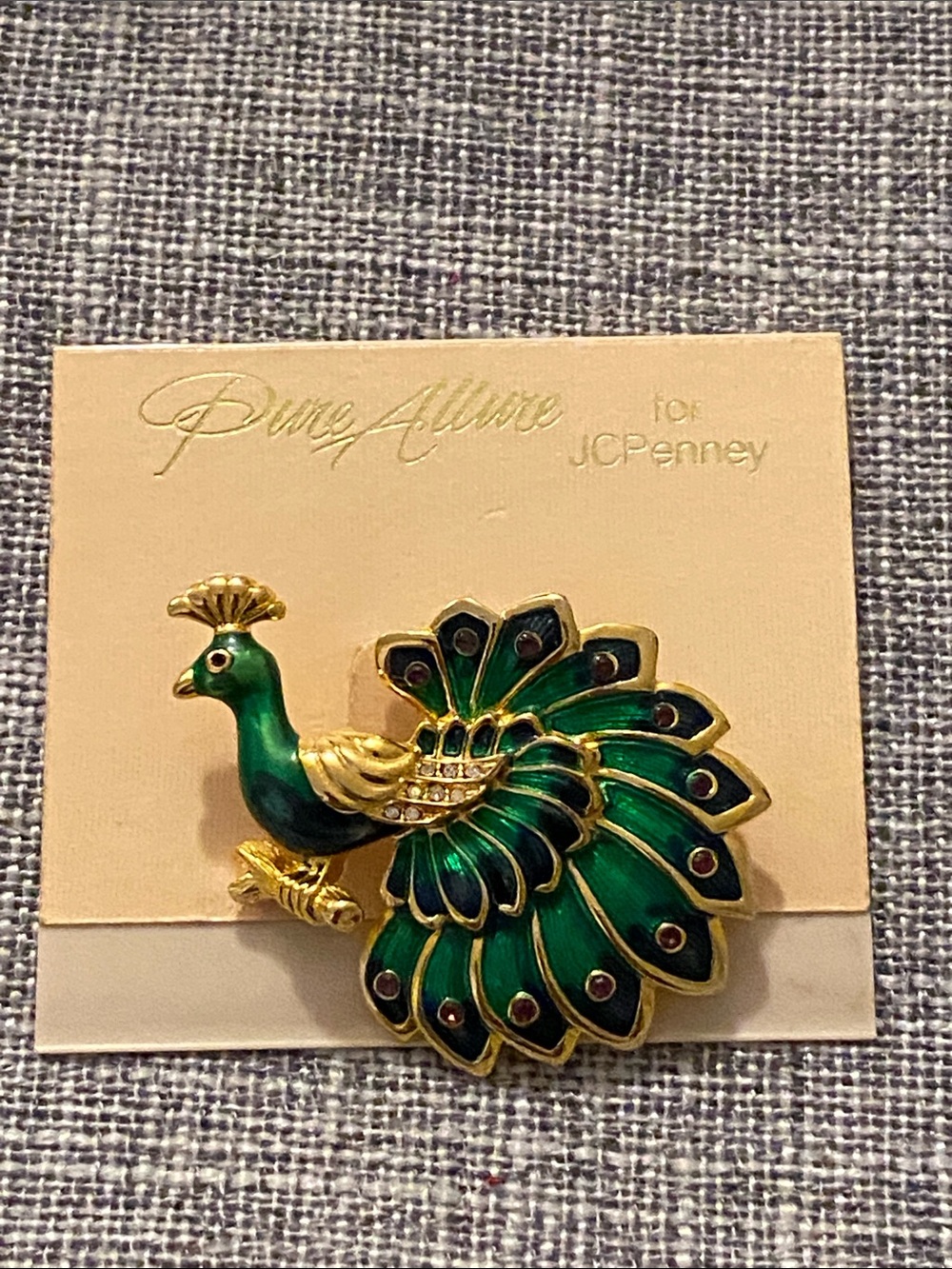 Gold-Tone Green Enamel Peacock Brooch with Crystal Accents